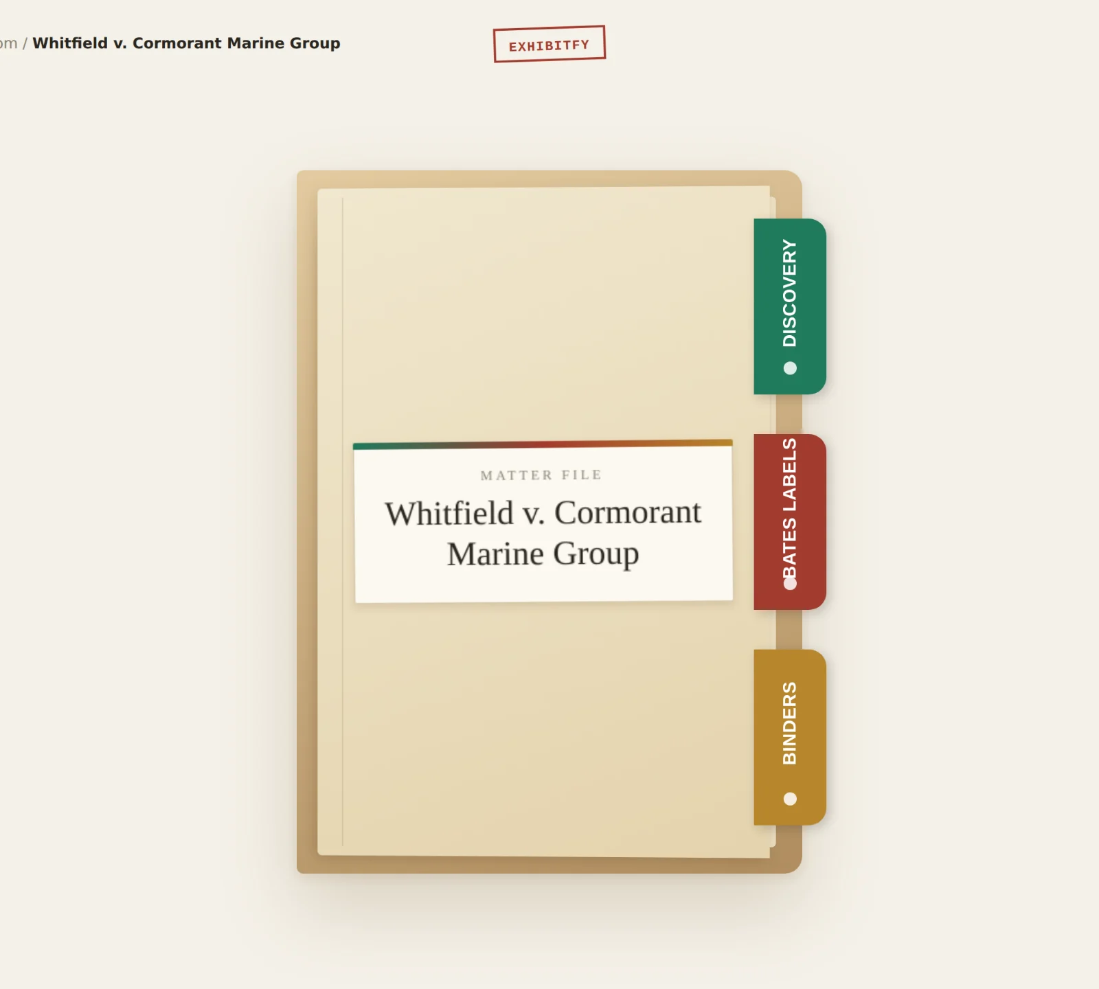 An open matter shown as a classification folder with three index tabs: Discovery, Bates Labels, and Binders.