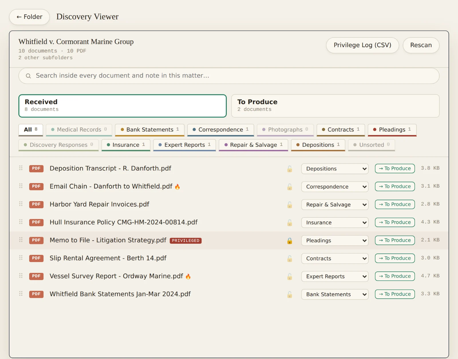 Discovery Viewer listing documents across category tabs, with one document marked privileged.