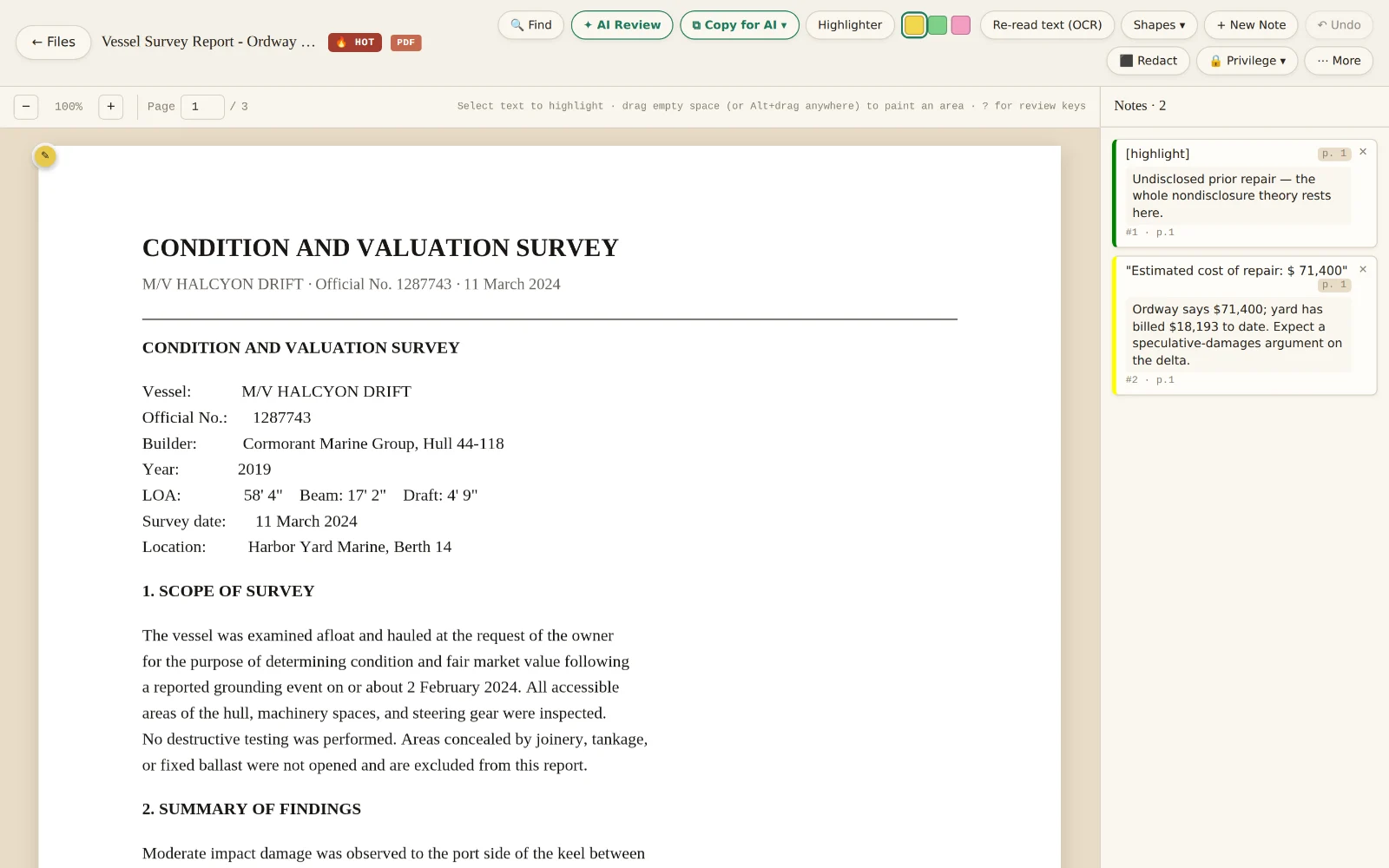 A survey report open in Exhibitfy with two attorney notes pinned in the right-hand notes rail.