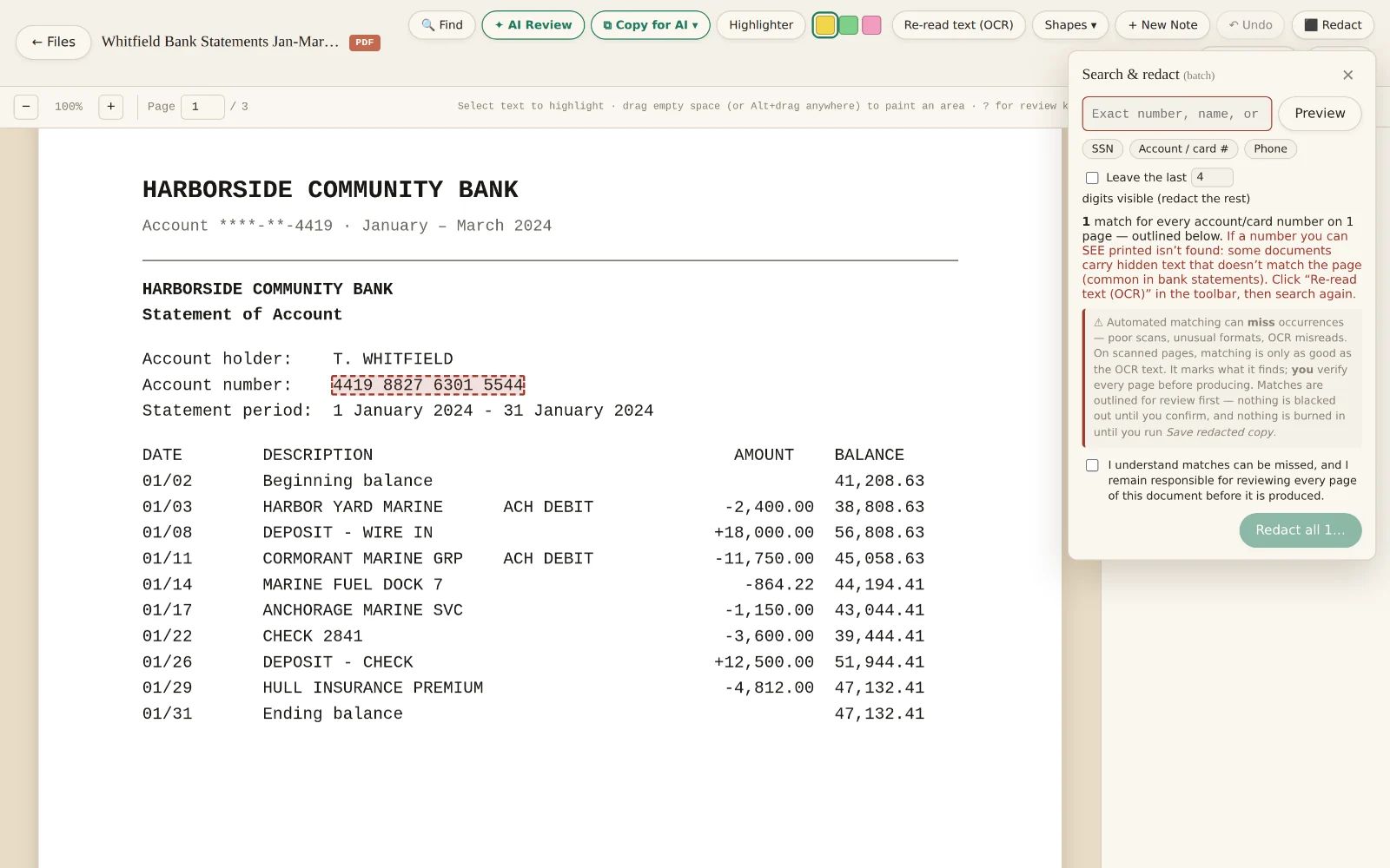 Search and redact finding an account number in a bank statement, outlined in red for review before redaction.