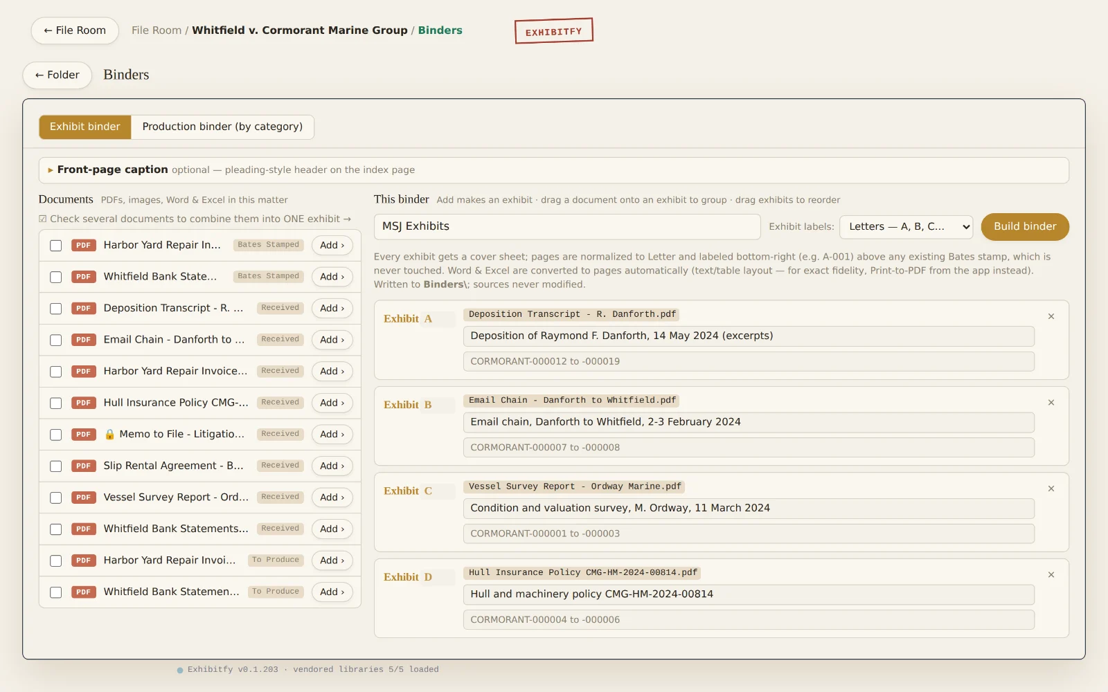 The binder builder with exhibits A through D, each with a description and Bates range.