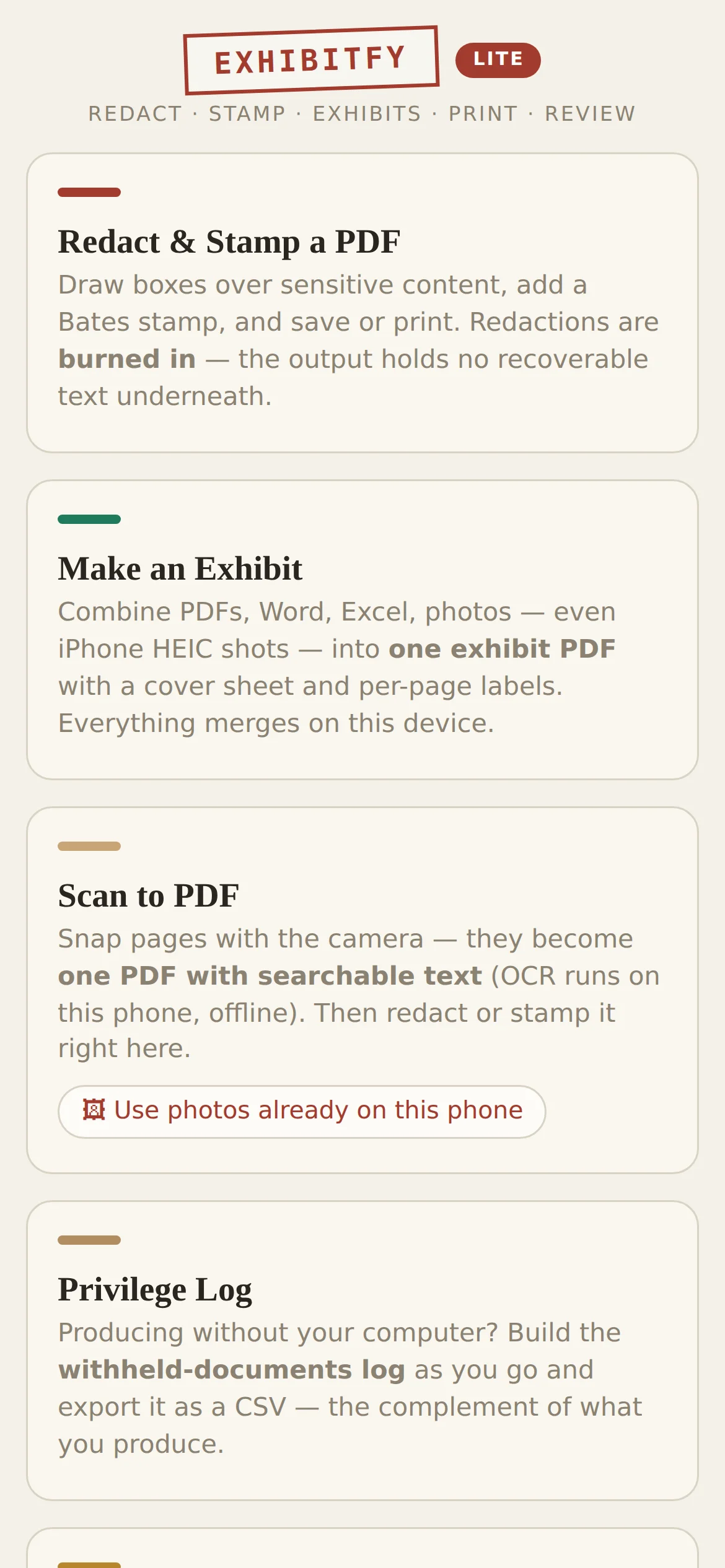 Exhibitfy Lite running on an iPhone, offering redact and stamp, make an exhibit, scan to PDF, and privilege log.